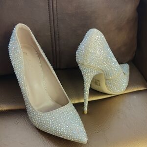 Crystal Embellished Ivory Pointed-Toe Stiletto Pumps